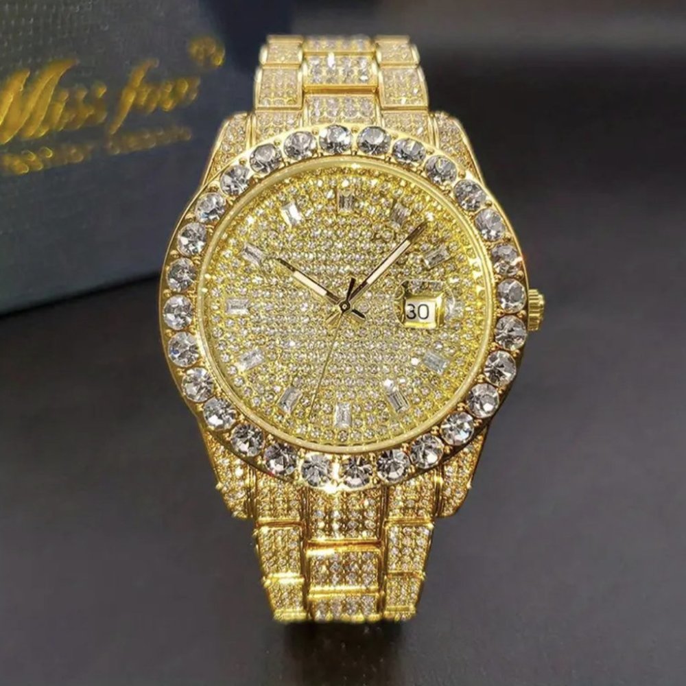 Yellow Luxury Men's Watch Iced Out Twinkle Big Faux Diamond Quartz